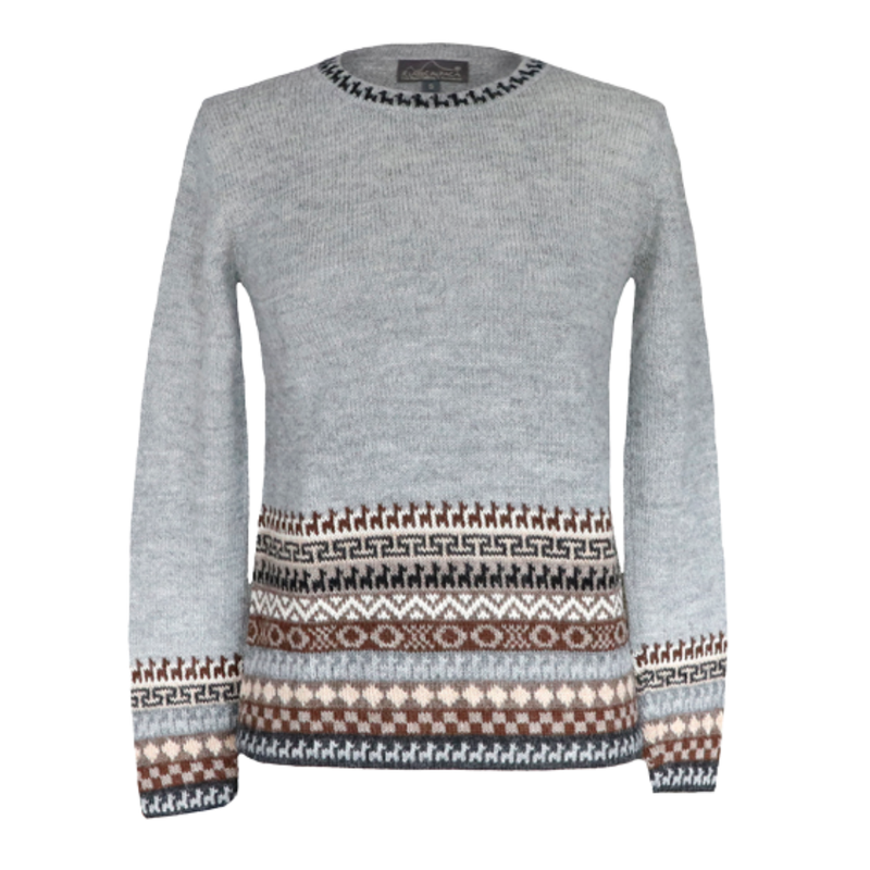 Gray sweater with patterned cuffs and neckline on a white background