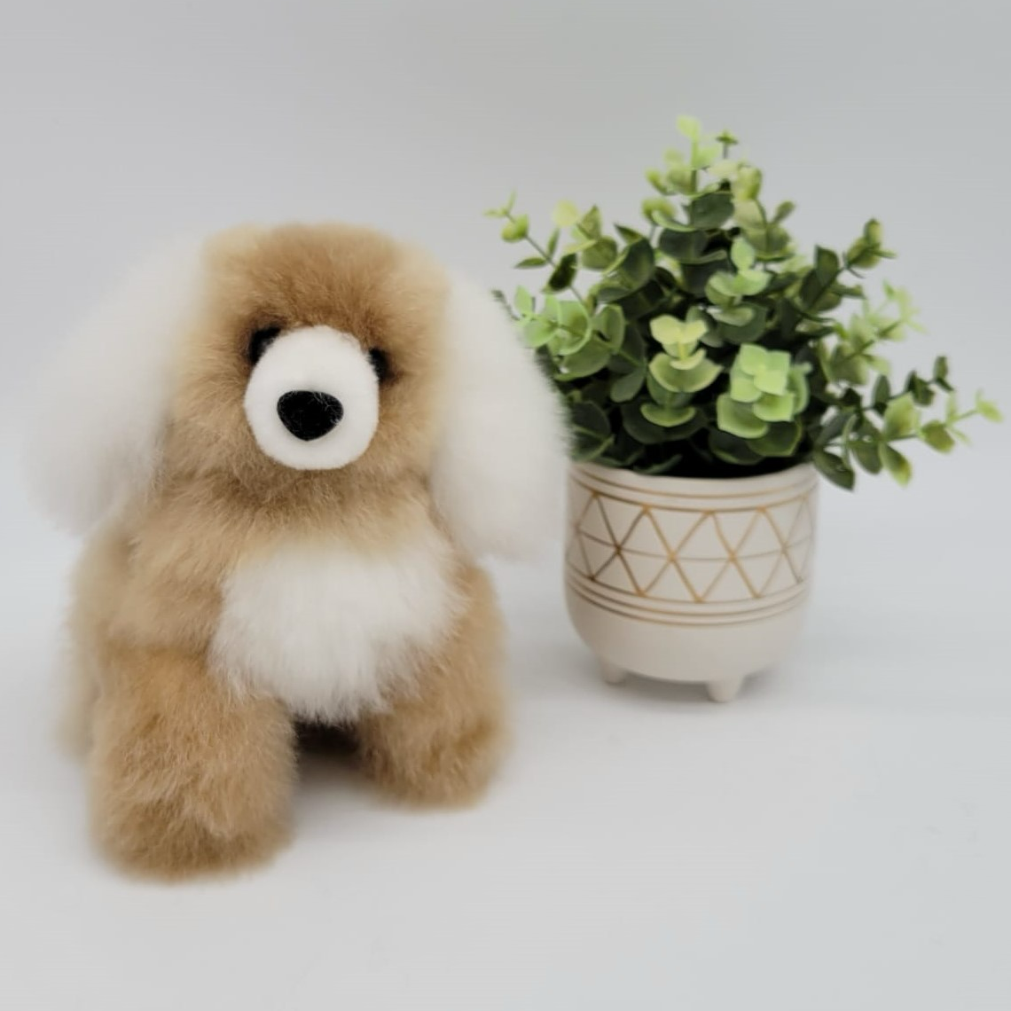Alpaca fur dog plush next to a potted plant on a neutral background