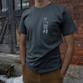 Fluff Alpaca Adult T-Shirts, man wearing a grey alpaca tshirt in front of a brick background