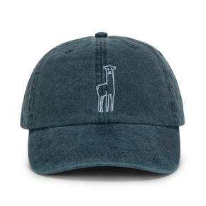 Fluff Alpaca Embroidered Baseball Hats, a denim baseball hat with an embroidered alpaca on a white background.