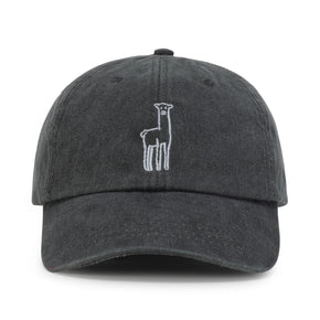 Fluff Alpaca Embroidered Baseball Hats, a charcoal baseball hat with an embroidered alpaca on a white background.