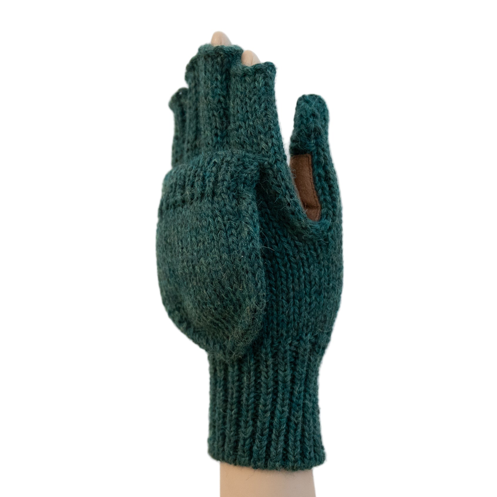Pair of green knitted gloves on a white background
