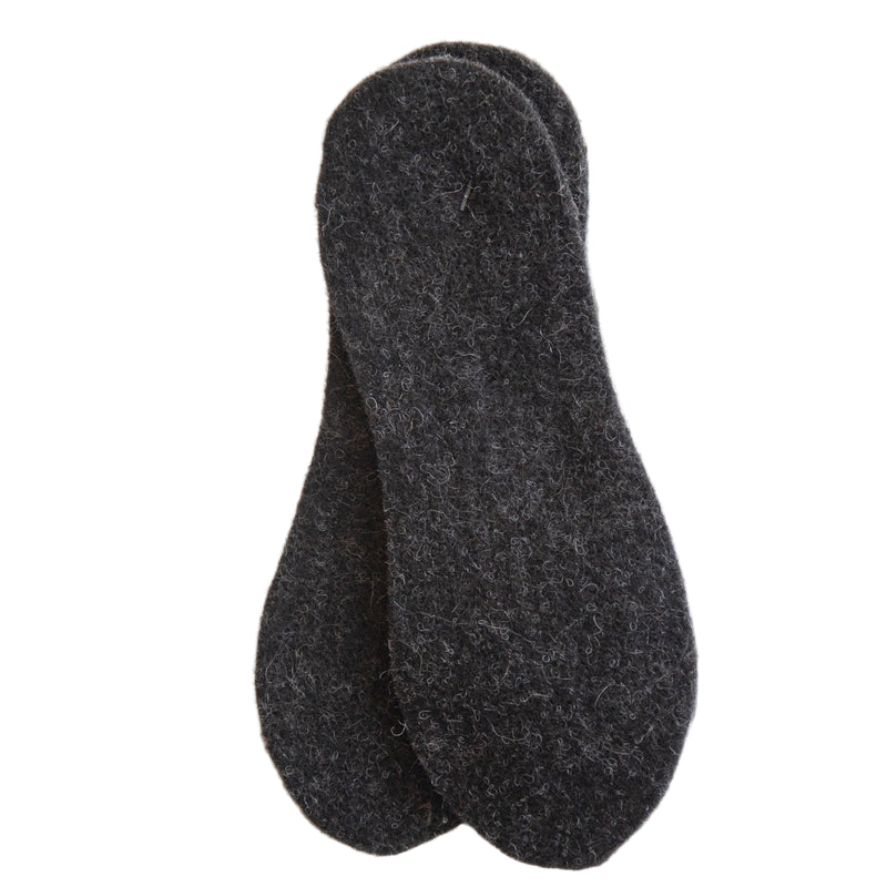 A pair of gray alpaca fiber shoe inserts laid flat on a wooden surface.