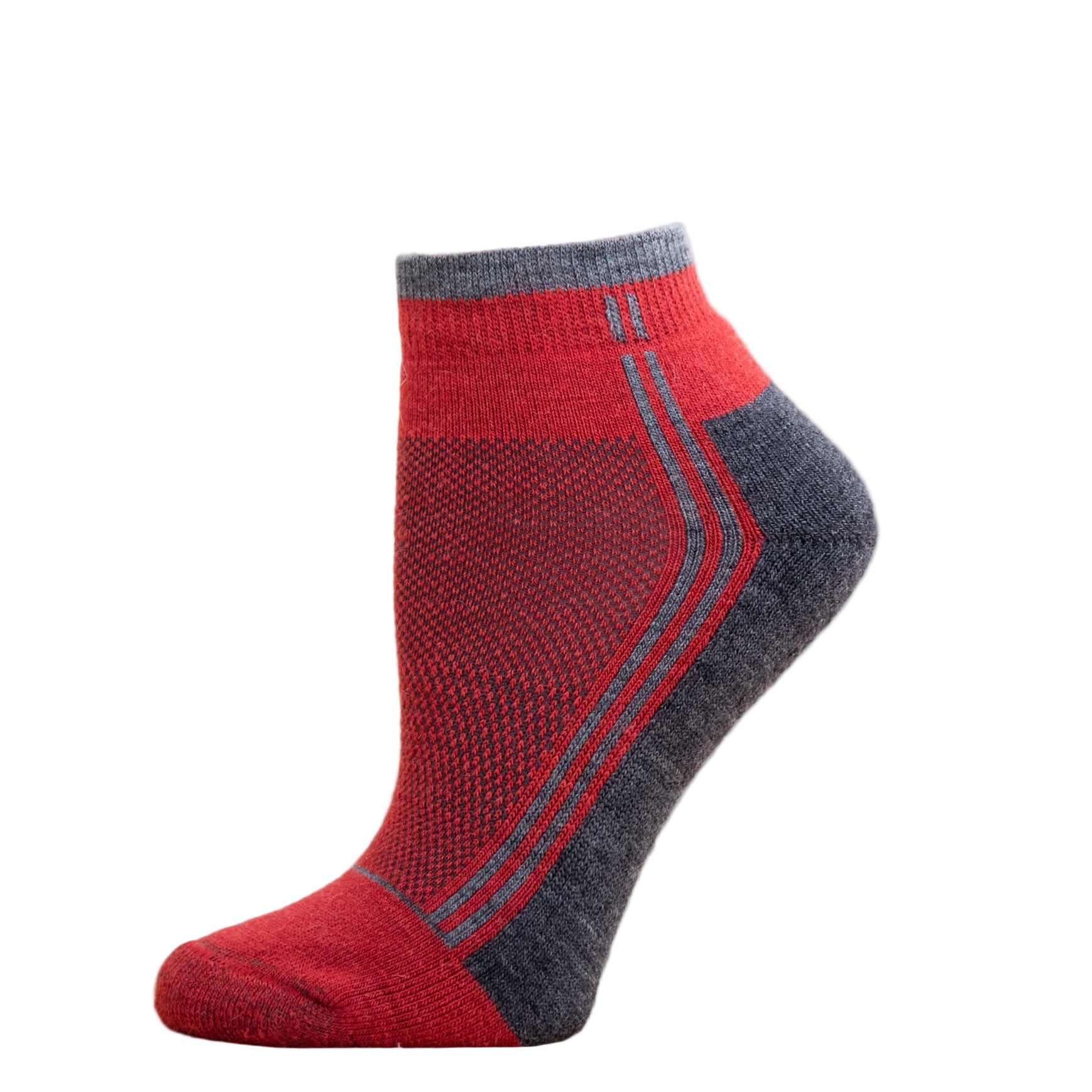 Alpaca Running and Athletic Ankle Socks. A pair of red alpaca ankle running socks in front of a white background.