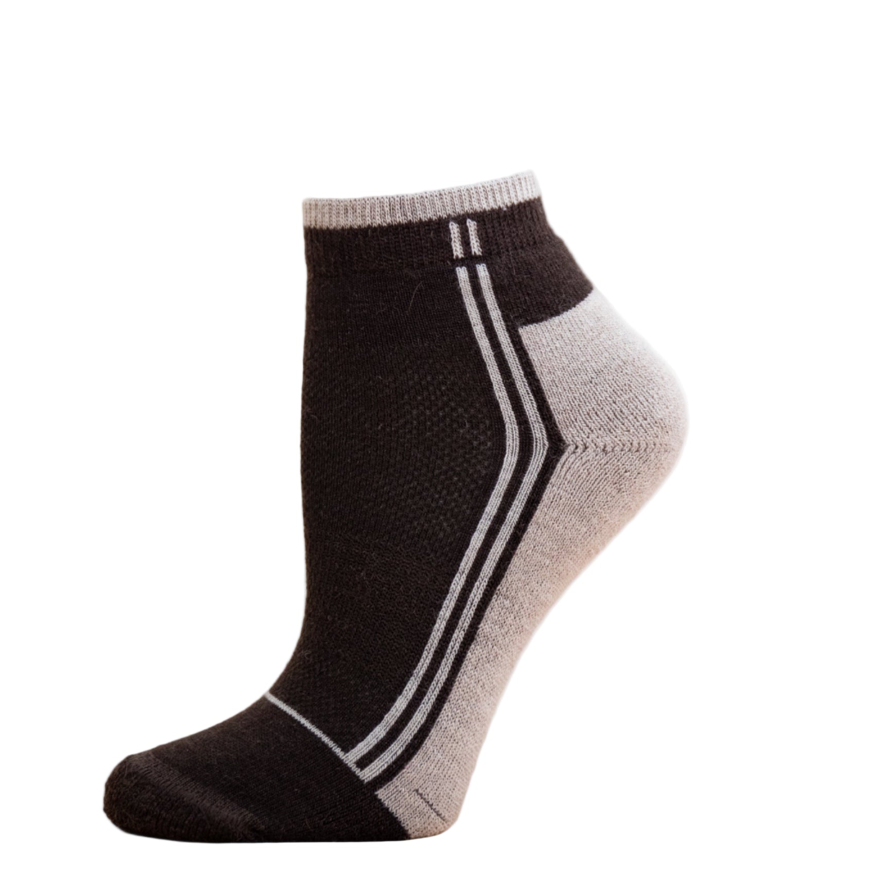 Alpaca Running and Athletic Ankle Socks. A pair of brown alpaca ankle running socks in front of a white background.