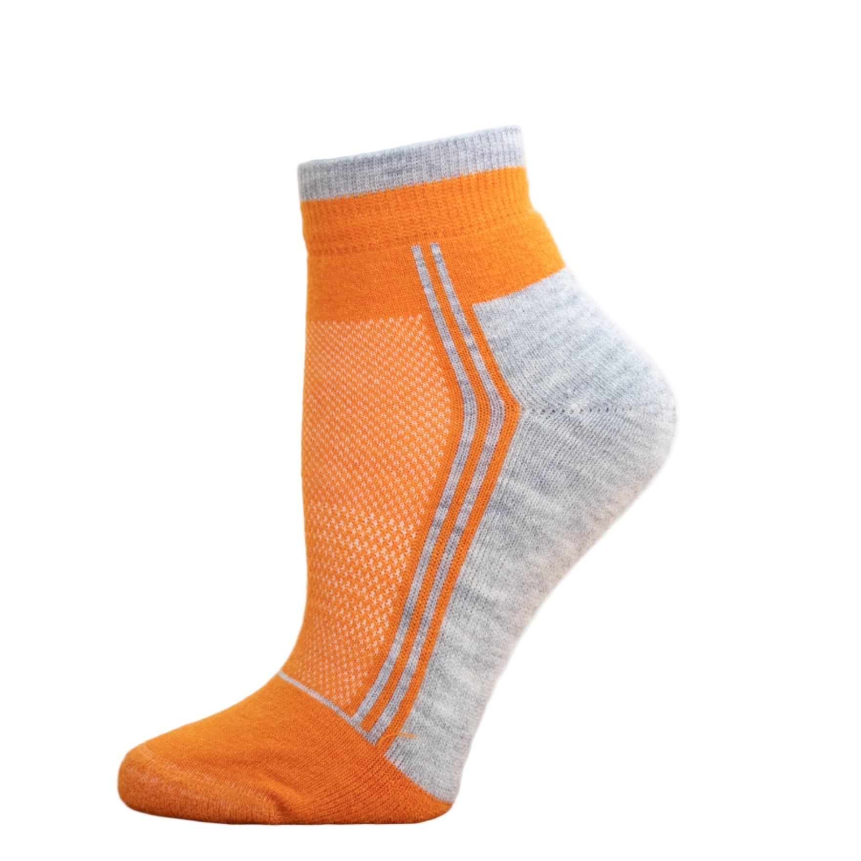 Alpaca Running and Athletic Ankle Socks. A pair of orange alpaca ankle running socks in front of a white background.