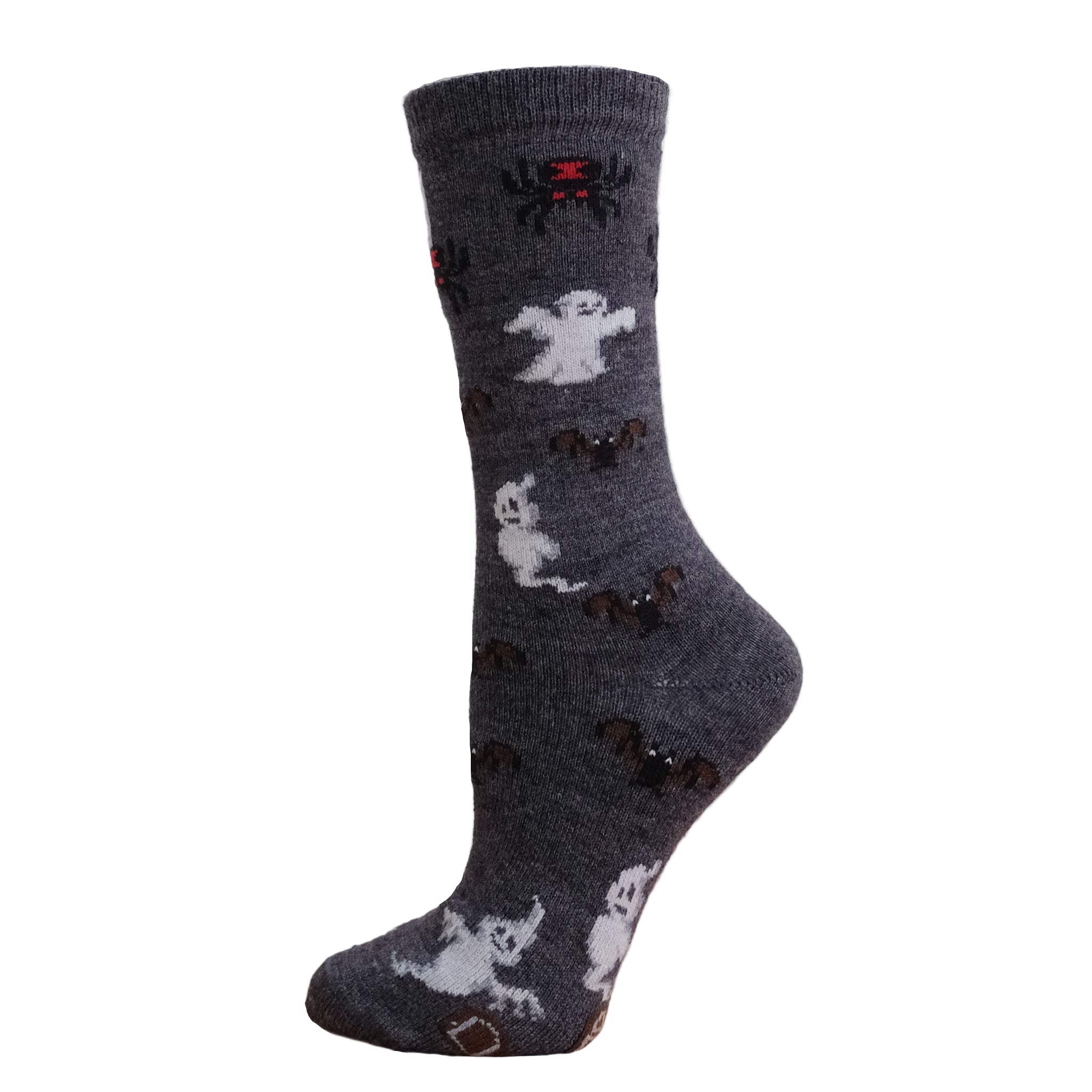A halloween alpaca sock patterned with spiders, ghosts, bats and gravestones.