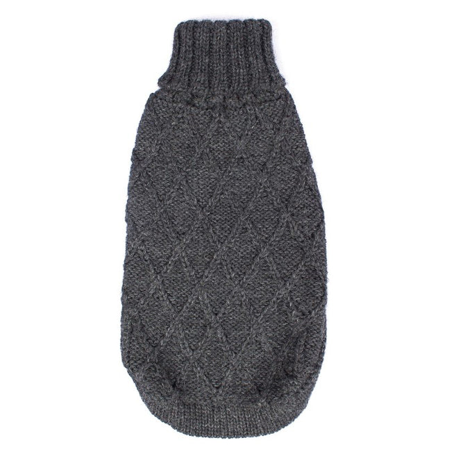 A gray diamond cable knit alpaca dog sweater with a turtleneck design.