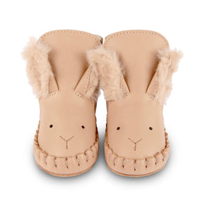 Donsje Kapi Exclusive Lining Fluffy Bunny Boots - pink leather boots with bunny detail, velcro strap, and faux fur lining on a neutral background