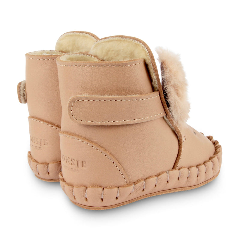 Donsje Kapi Exclusive Lining Fluffy Bunny Boots - pink leather boots with bunny detail, velcro strap, and faux fur lining on a neutral background