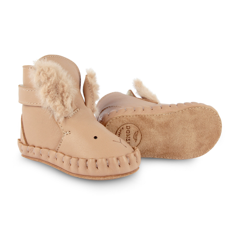 Donsje Kapi Exclusive Lining Fluffy Bunny Boots - pink leather boots with bunny detail, velcro strap, suede sole, and faux fur lining on a neutral background
