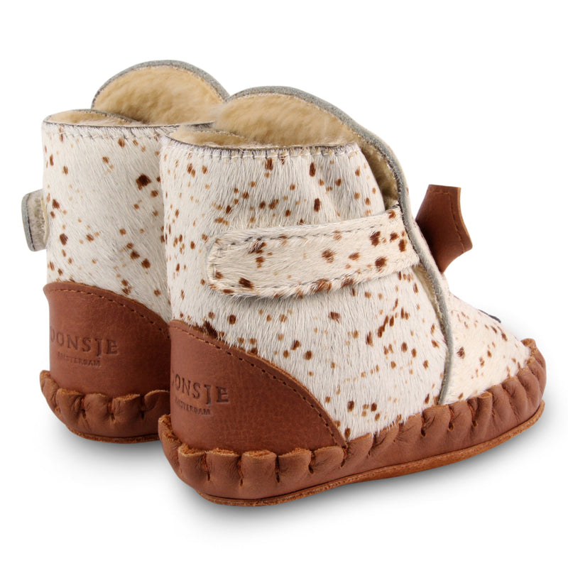Donsje Kapi Exclusive Lining Bambi Boots - white and brown spotted boots with velcro strap and deer detail on neutral background