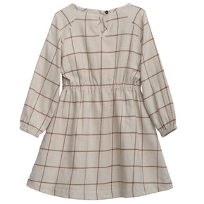 Serendipity Kid's Brushed Dress - tan and brown checked dress with button closure on a neutral background