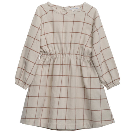 Serendipity Kid's Brushed Dress - tan and brown checked dress on a neutral background