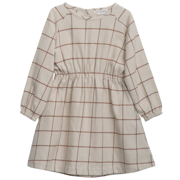 Serendipity Kid's Brushed Dress - tan and brown checked dress on a neutral background