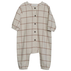 Serendipity Baby Brushed Suit - tan and brown checked onesie with buttons on a neutral background