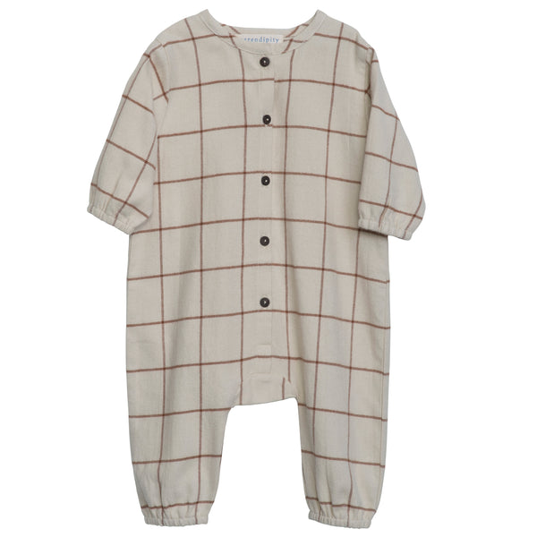 Serendipity Baby Brushed Suit - tan and brown checked onesie with buttons on a neutral background