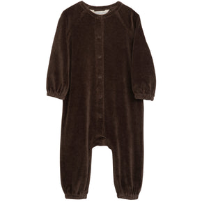 Serendipity Baby Velour Jumpsuit - brown velour jumpsuit with snaps on a neutral background