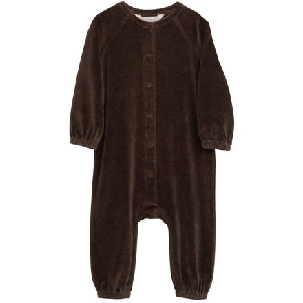 Serendipity Baby Velour Jumpsuit - brown velour jumpsuit with snaps on a neutral background