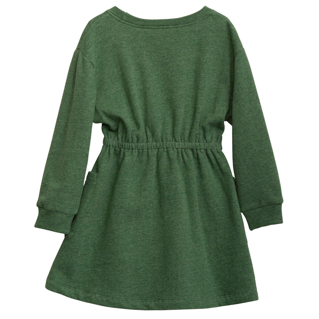Serendipity Kid's Sweat Dress - green long sleeved dress with pockets and elastic waist on a neutral background