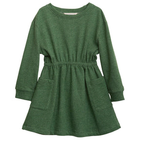 Serendipity Kid's Sweat Dress - green long sleeved dress with pockets and elastic waist on a neutral background