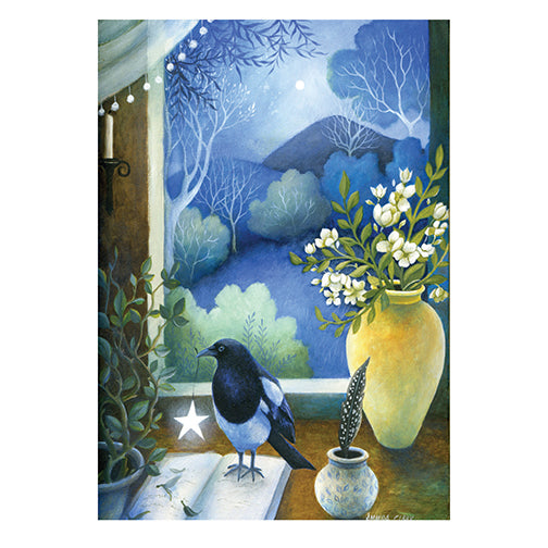 crow holds star on book in windowsill. night and moon outside. flowers in a vase