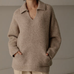 Bare Knitwear Felted Polo - person wearing tan felted polo sweater on a neutral background