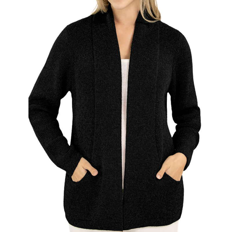 Black cardigan worn by a person on a white background