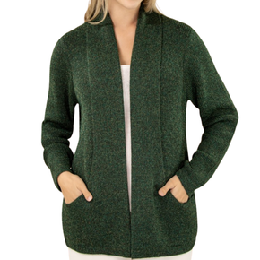 Green cardigan worn by a person on a white background