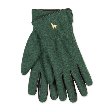 Felted green alpaca gloves on a white background