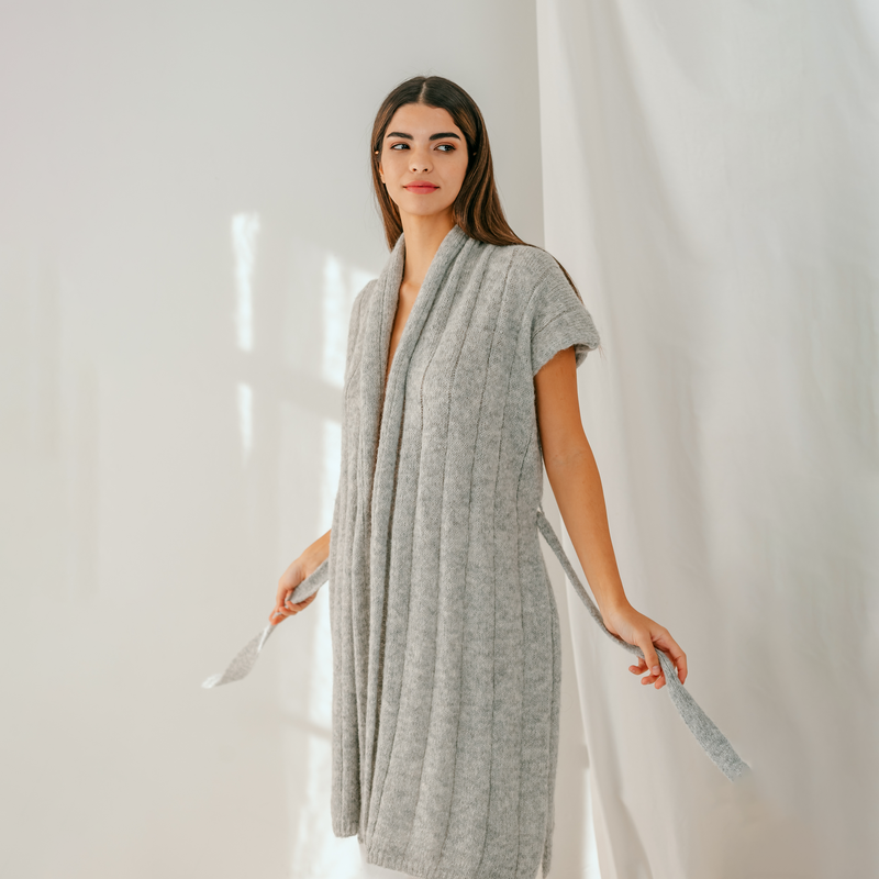 Light Grey Alpaca Cardigan Draped with optional belt modeled side view