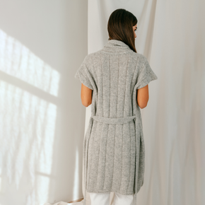 Light Grey Alpaca Cardigan Draped with optional belt modeled back view