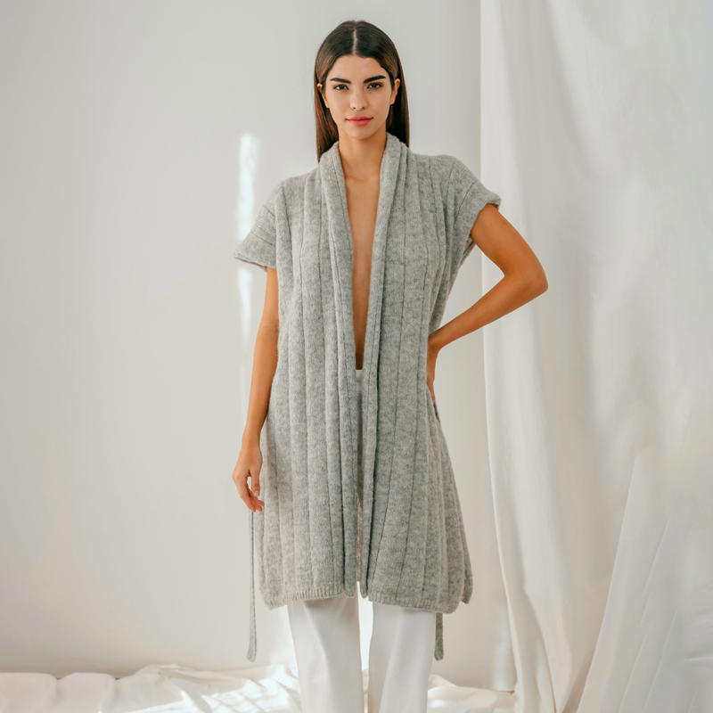 Light Grey Alpaca Cardigan Draped with optional belt modeled front view