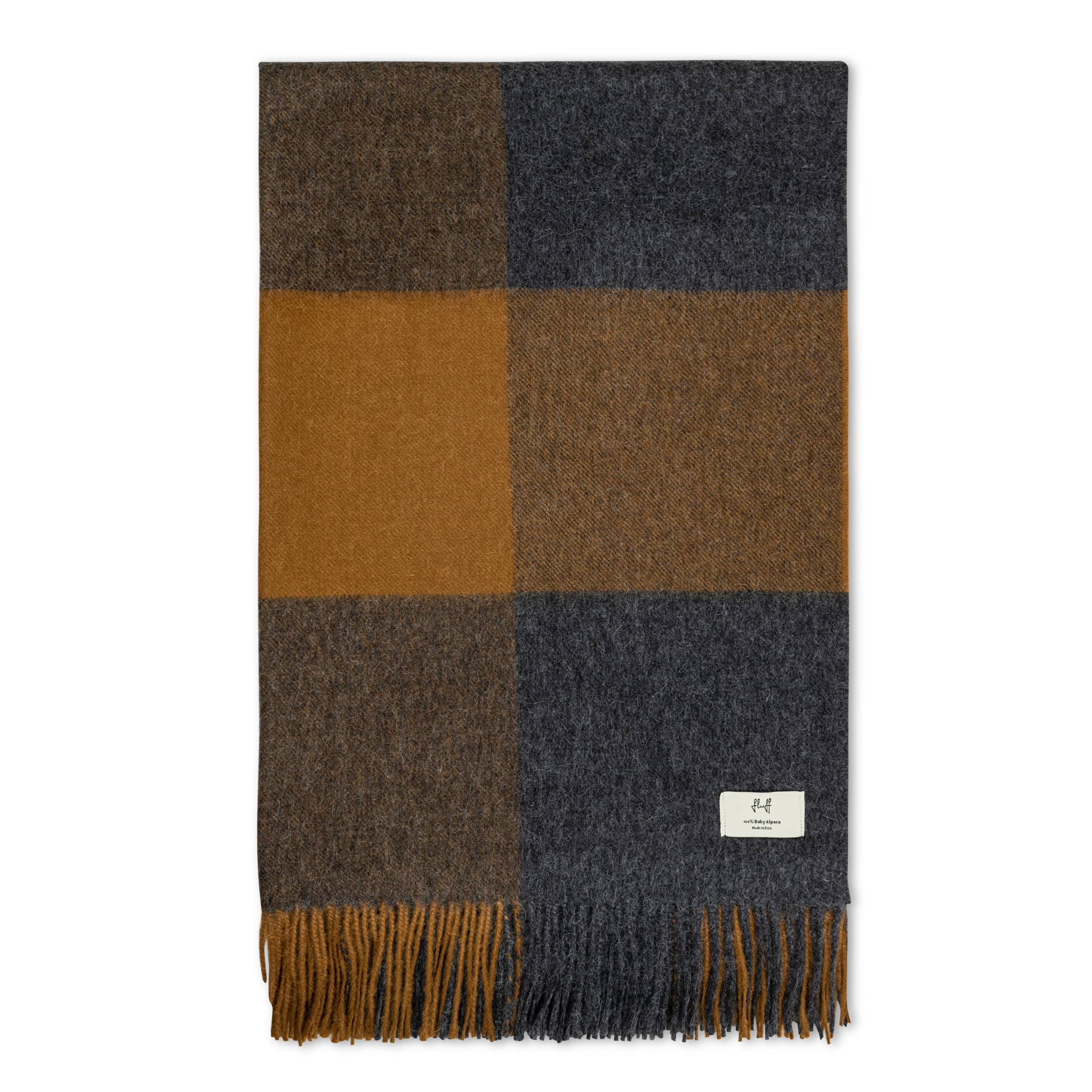 Checkered throw with brown and gray pattern on a white background