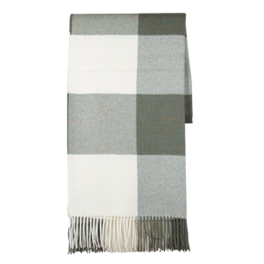 Plaid throw with gray, white, and green colors on a white background