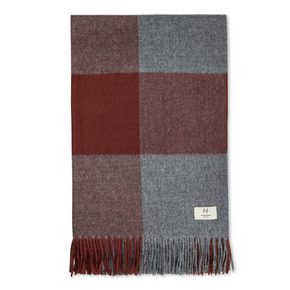 Plaid throw with brown and gray squares on a white background
