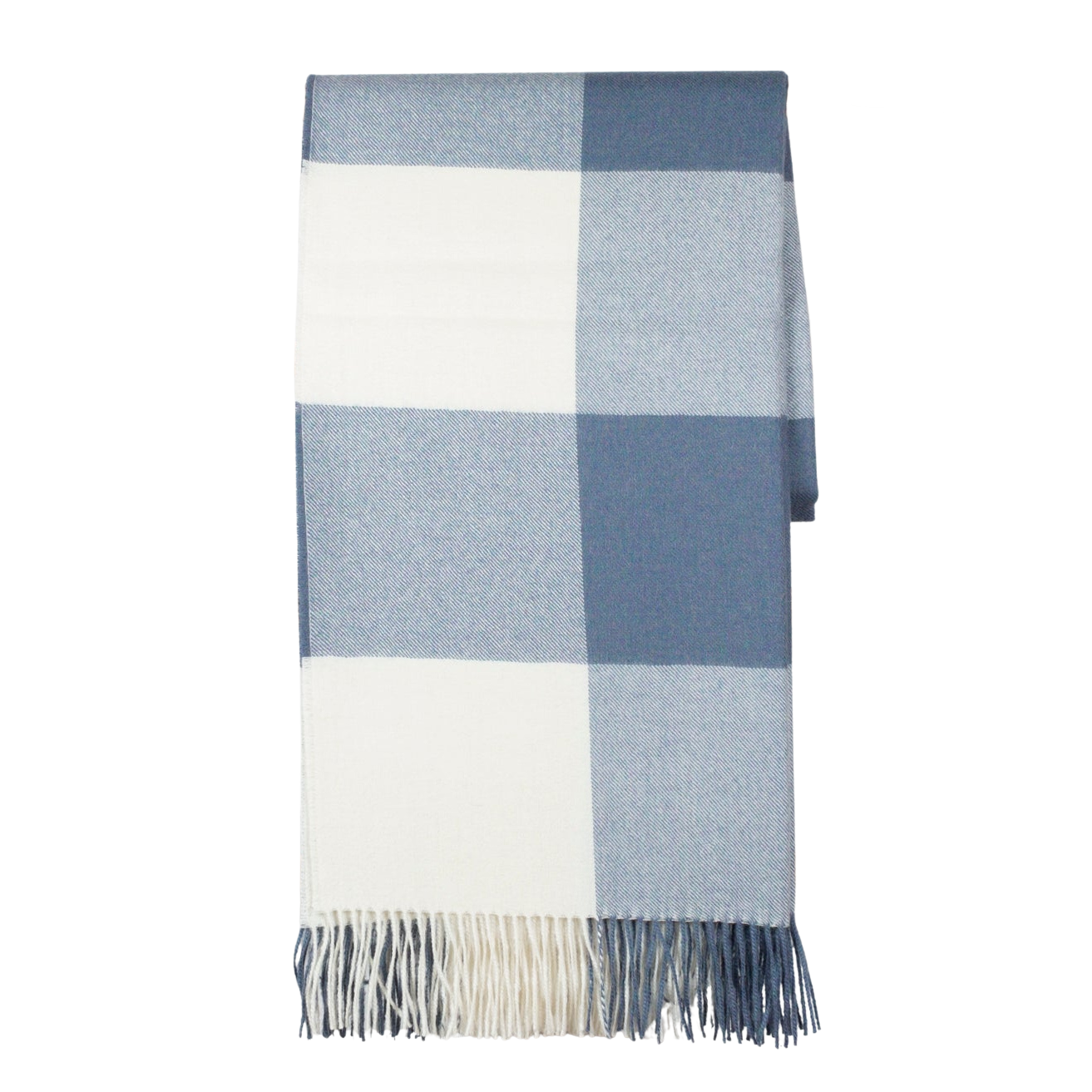 Plaid blanket with blue and white check pattern on a white background