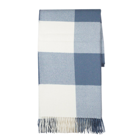 Plaid blanket with blue and white check pattern on a white background