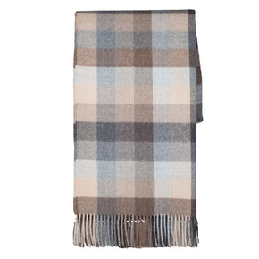 Plaid shawl draped over a wooden ladder against a white wooden panel wall