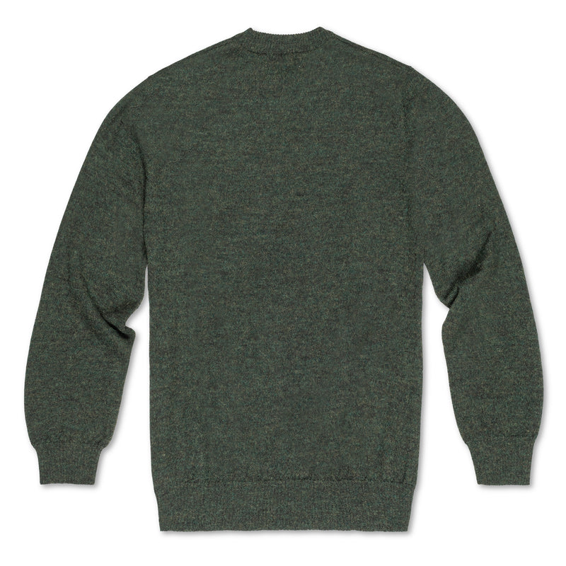 Men's Classic Crewneck 100% Baby Alpaca Sweater. A green 100% baby alpaca crewneck sweater lying front down on a white background. 