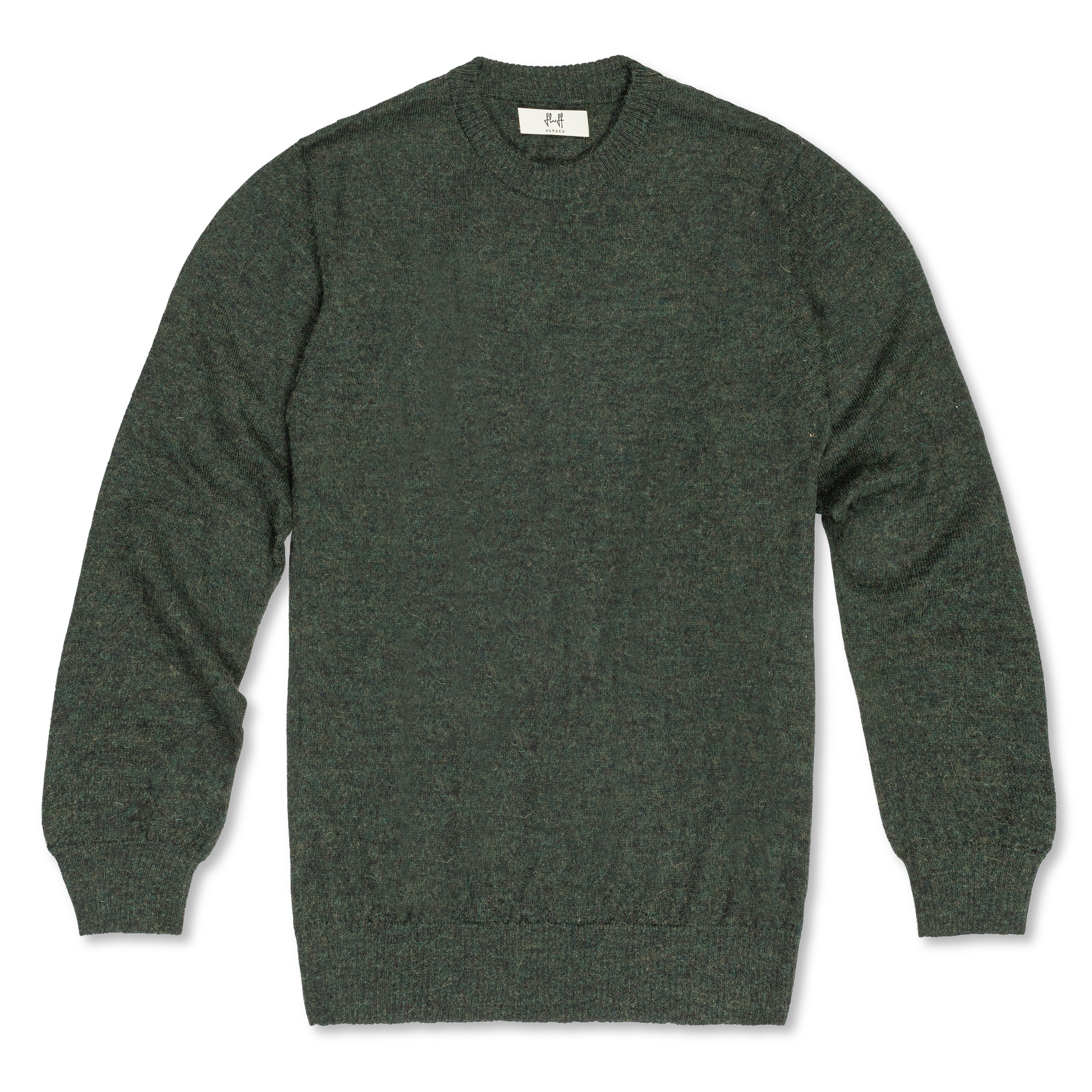 Men's Classic Crewneck 100% Baby Alpaca Sweater. A green 100% baby alpaca crewneck sweater lying flat on a white background. 