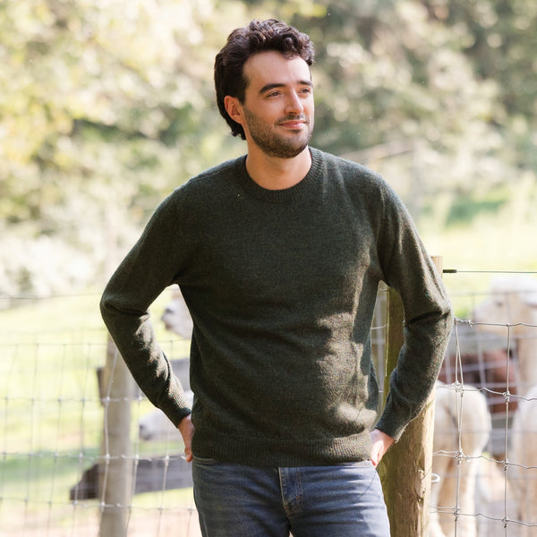 Men's Classic Crewneck 100% Baby Alpaca Sweater. A man wearing a green baby alpaca crewneck sweater stands in front of a farm fence. 