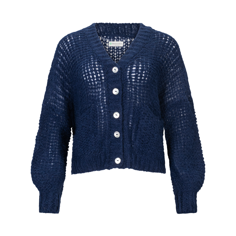 Navy baby alpaca cardigan white buttons front view