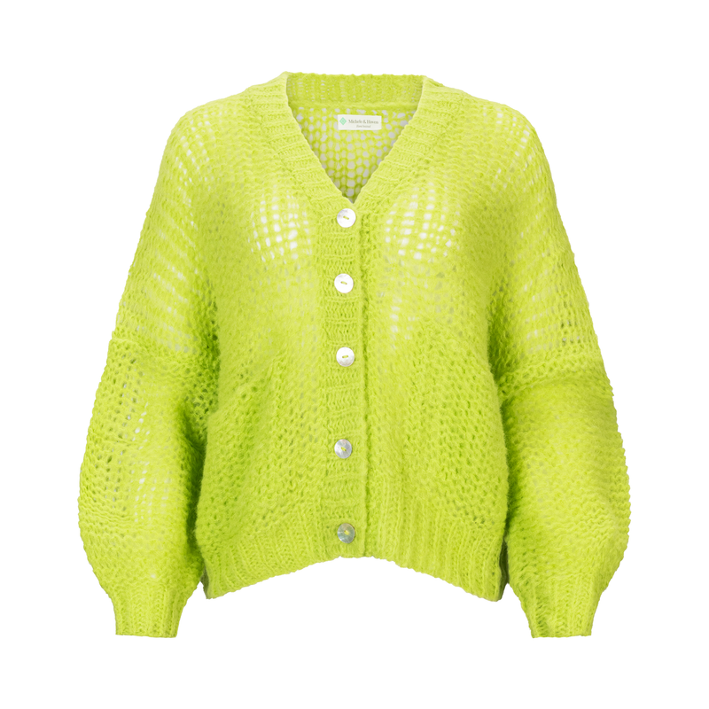 Baby alpaca cardigan light green white buttons front view
