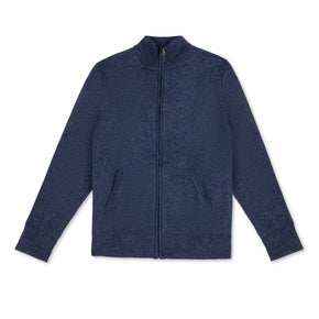 Men's Heavyweight Full-Zip 100% Baby Alpaca Wool Jacket. A denim Blue zippered alpaca jacket lays flat on a white background. 