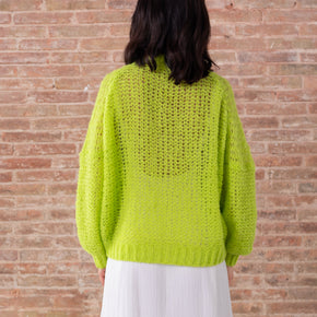 light green baby alpaca loose knit cardigan white buttons back view