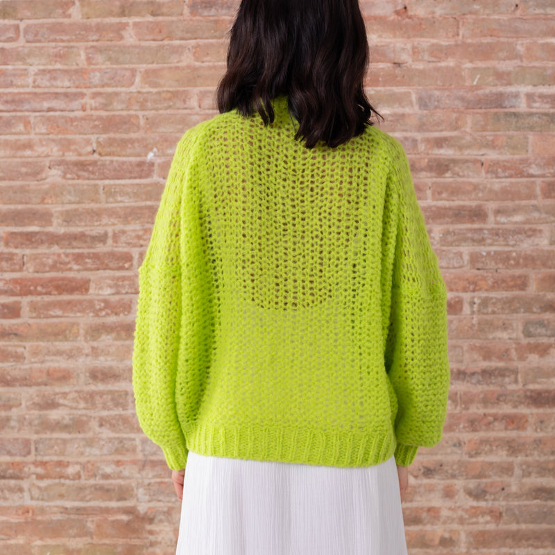 light green baby alpaca loose knit cardigan white buttons back view
