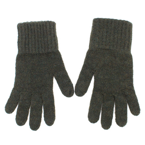 Pair of drab olive green gloves on a white background