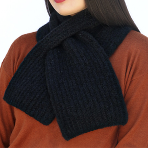 Black knitted scarf draped over a person wearing a brown sweater.