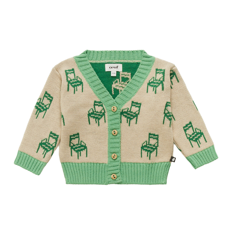 Oeuf Chair Knit Motif Cardigan, a green and white cotton cardigan with green chairs on a white background.